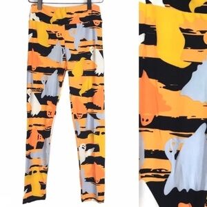 LULAROE Halloween Leggings Ghosts Stripe Black OS One Size Black Orange Spooky